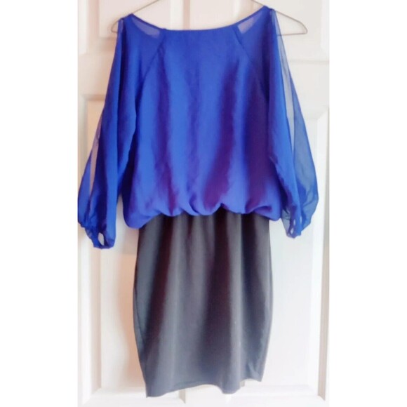 BONGO Dress Blue Black Split Sleeves Short Size Juniors S Small Bodycon Pencil - Picture 3 of 8